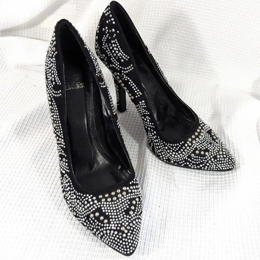 SHIEKH! GORGEOUS BLACK VEGAN SUEDE RHINESTONE PATTERNED PUMPS, HEELS! SZ 6.5